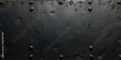 Weathered black steel plate texture, dark grunge metal surface with rivets and scratches, industrial distressed background, rugged heavy duty design