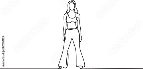 Woman in tank top and flared pants. one line art icon drawing vector
