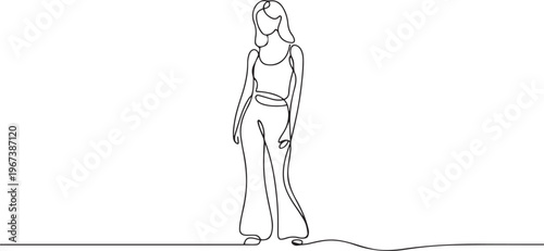 Woman in tank top and flared pants. one line art icon drawing vector