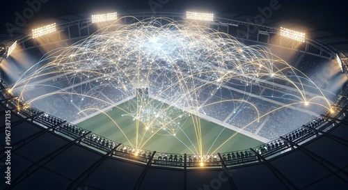 Global network connectivity over stadium lights up sports arena with digital data streams