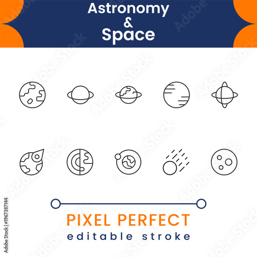 Modern space exploration icons with astronomy elements, planets, rockets, satellites, cosmic objects, science and universe symbols