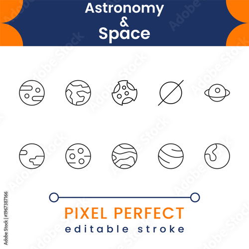 Modern space exploration icons with astronomy elements, planets, rockets, satellites, cosmic objects, science and universe symbols