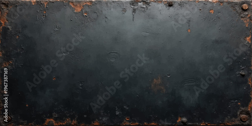Weathered black steel plate with rust edges and water droplets, dark grunge metal texture, industrial distressed background, rugged heavy duty surface