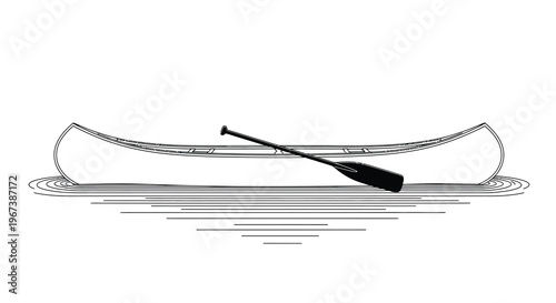 Simple black and white illustration of a canoe with a single paddle floating on water