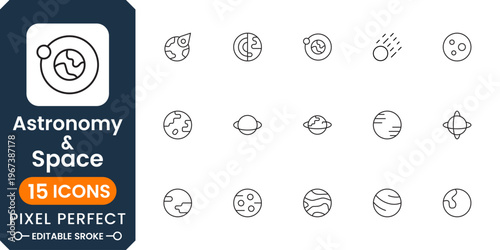 Astronomy and space icon pack with planets, stars, rockets, satellites, galaxy elements, cosmic exploration and science symbols