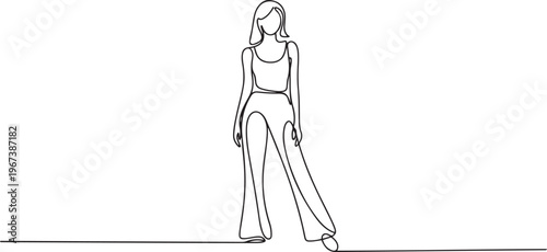 Woman in tank top and flared pants. one line art icon drawing vector