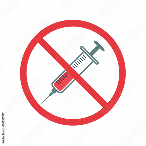 Prohibition symbol featuring a medical syringe crossed by a bold red diagonal line, clearly warning against drug injections and unauthorized use for public health safety
