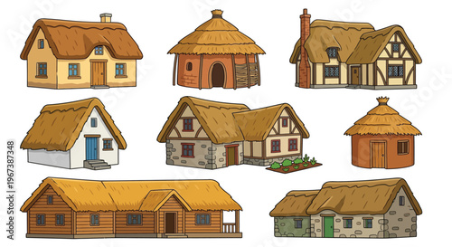 Collection of charming colorful thatched roof cottages and houses illustrations