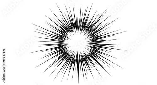 Abstract radial burst pattern created by many thin black lines emanating from a central circular void area.