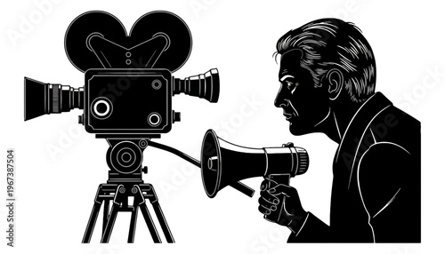 A film director silhouette illustration holding a megaphone next to a movie camera