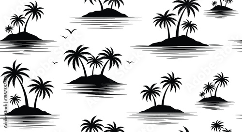 Seamless black and white pattern of tropical desert islands with palm trees and birds flying over the ocean.