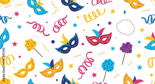 Colorful carnival pattern featuring masquerade masks confetti streamers and sweet cotton candy treats for festive designs.