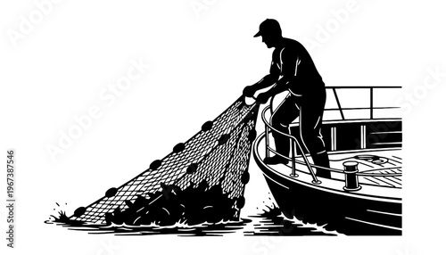 Fisherman silhouette vector illustration pulling a fishing net on a boat