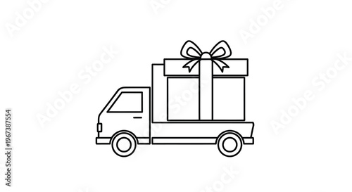 A simple line drawing of a delivery truck carrying a large gift