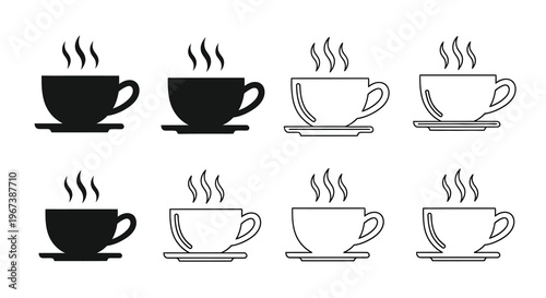Four pairs of coffee or tea cups some filled emitting steam