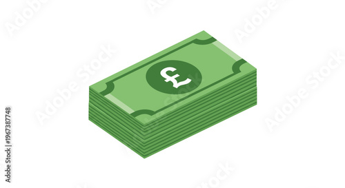 Isometric illustration of a thick stack of green pound sterling banknotes representing wealth and financial stability.