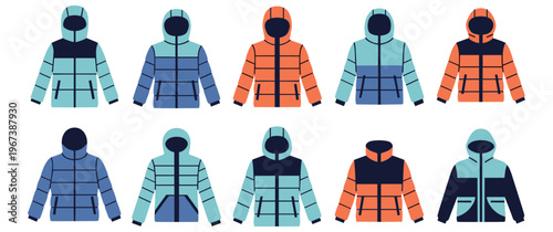 Winter puffer jackets collection, warm hooded outerwear for cold weather.