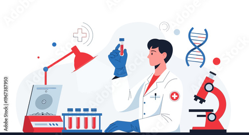 Scientist in Lab Coat Holding Test Tube, Microscope, DNA Helix, Medical Research