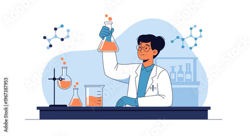 Scientist in Lab Coat Holding Flask with Orange Liquid, Conducting Chemical Experiment