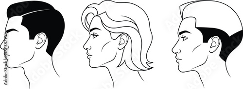 Stylized male hairstyle profile silhouettes, three distinct haircut designs, modern barber shop vector illustration for fashion, grooming, salon branding