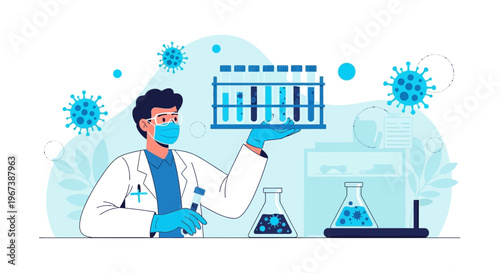 Scientist in Lab Coat Holding Test Tubes with Virus Particles Around