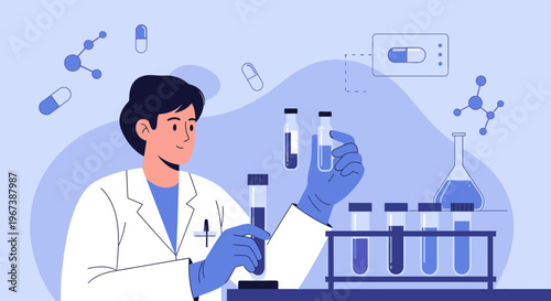 Scientist in lab coat holding test tubes, conducting research with molecules and pills