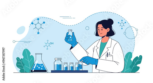 Scientist in lab coat holding vial with blue liquid, surrounded by lab equipment and molecular structures