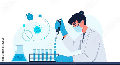 Scientist in lab coat, mask, and gloves conducts experiment with pipette and test tubes, virus particles