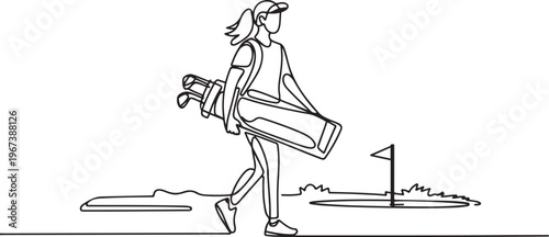an active woman carrying a golf stand bag, while walking towards a training area for professional golf. one line art icon drawing vector