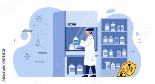 Scientist in laboratory working with chemicals in a safety cabinet, research, development