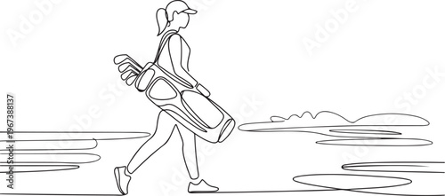 an active woman carrying a golf stand bag, while walking towards a training area for professional golf. one line art icon drawing vector