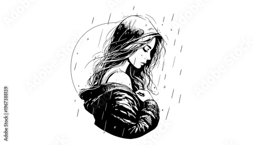 A woman in a hoodie standing alone in the rain at night