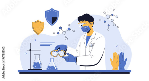 Scientist in protective gear conducting experiment with flasks and molecular structures