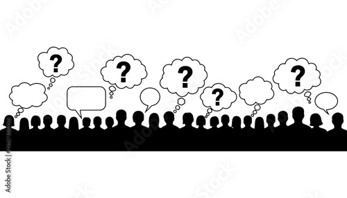 A crowd of people silhouette with question marks and speech bubbles