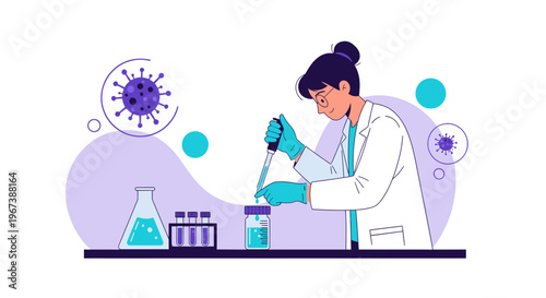 Scientist working in laboratory with virus sample and equipment, research concept