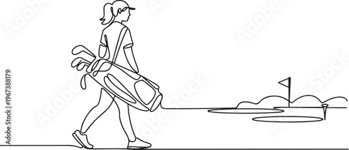 an active woman carrying a golf stand bag, while walking towards a training area for professional golf. one line art icon drawing vector