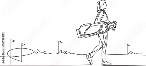 an active woman carrying a golf stand bag, while walking towards a training area for professional golf. one line art icon drawing vector