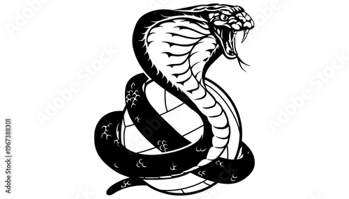 A snake illustration coiled around a globe with its mouth open wide