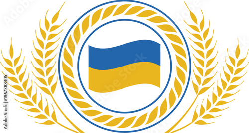 Ukrainian flag in blue and yellow with wheat wreath circular emblem statehood