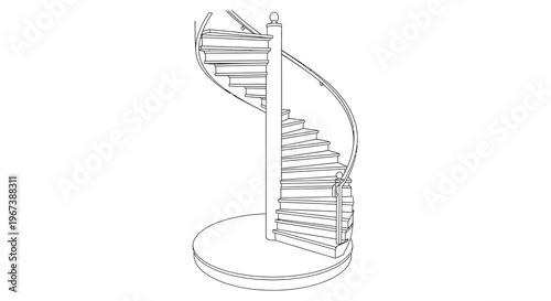 Line drawing of a spiral staircase with a circular base and railing