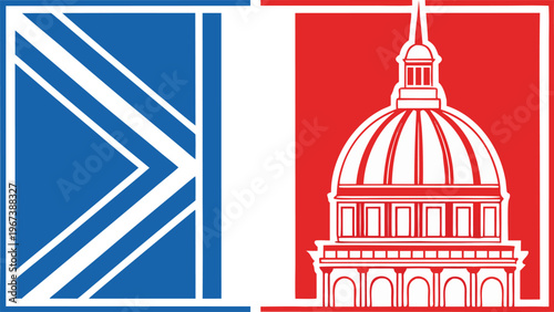 Minimal bastille day label with simple geometric shapes and parisian landmark french flag