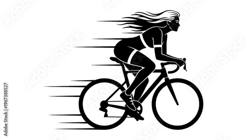 A woman riding a bicycle in a dynamic motion silhouette illustration