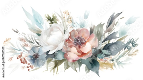 Delicate arrangement of pastel colored blossoms and muted foliage dominates a white background.