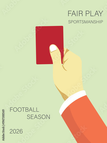 Referee hand holding red card for fair play and sportsmanship; flat vector illustration of football foul, penalty, and soccer match discipline