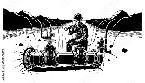 A worker in a hard hat sits on a large pipe illustration