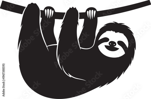 Black silhouette of a smiling sloth hanging from a branch