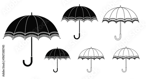 Black and white illustration depicting five ornate parasols or umbrellas