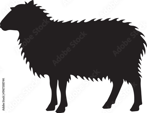 Black silhouette of a standing sheep with shaggy fur