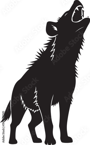 Black silhouette of a wolf howling upwards animal