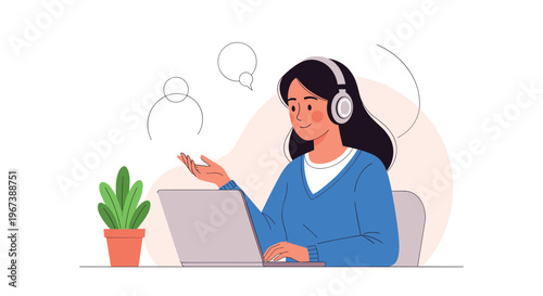 Young woman wearing a headset while working on a laptop computer with abstract speech bubbles representing communication and support.
